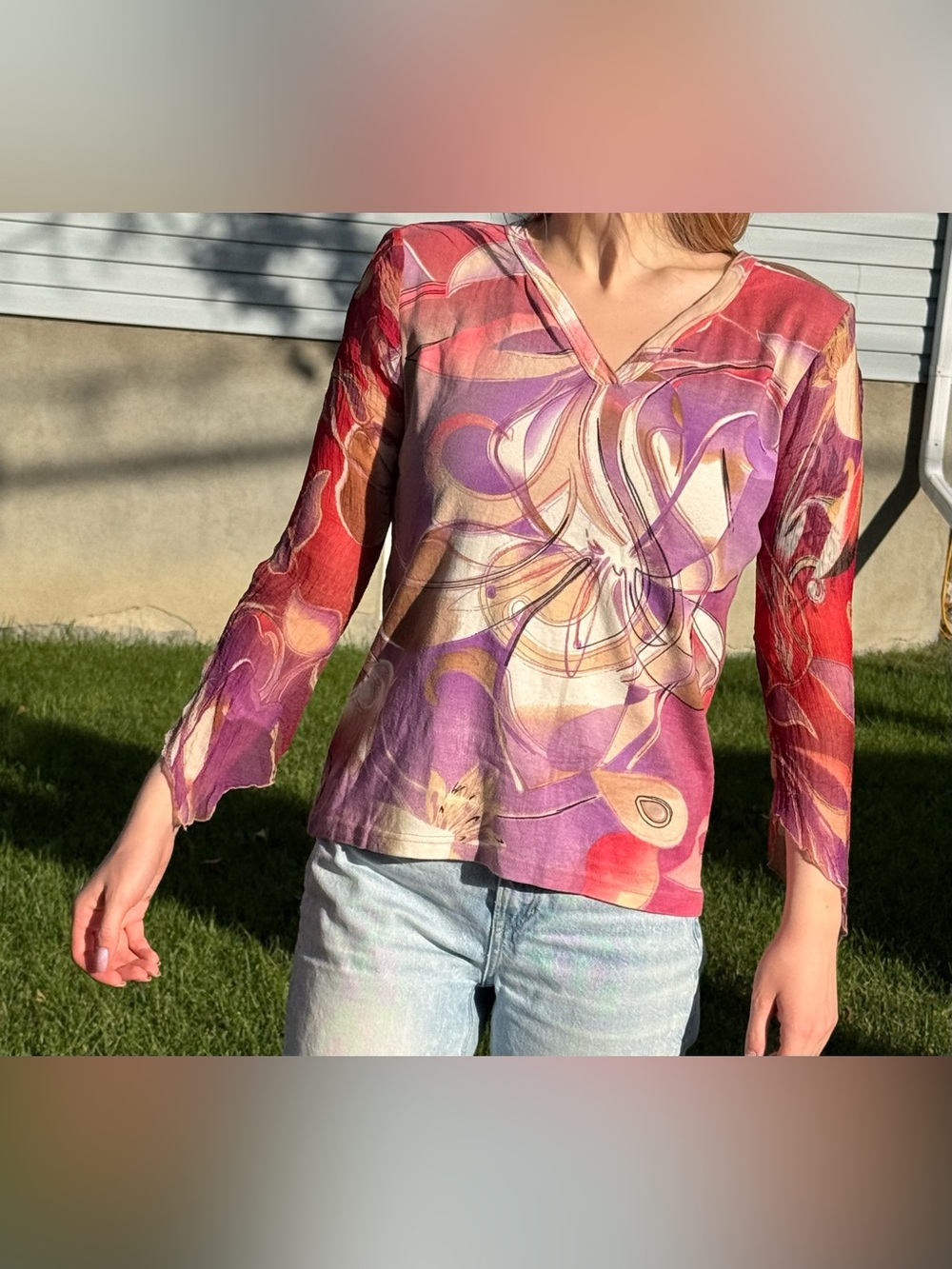 Fresh FX Women's Pink & Purple Floral V-Neck Top Y2K Bohemian Fairycore